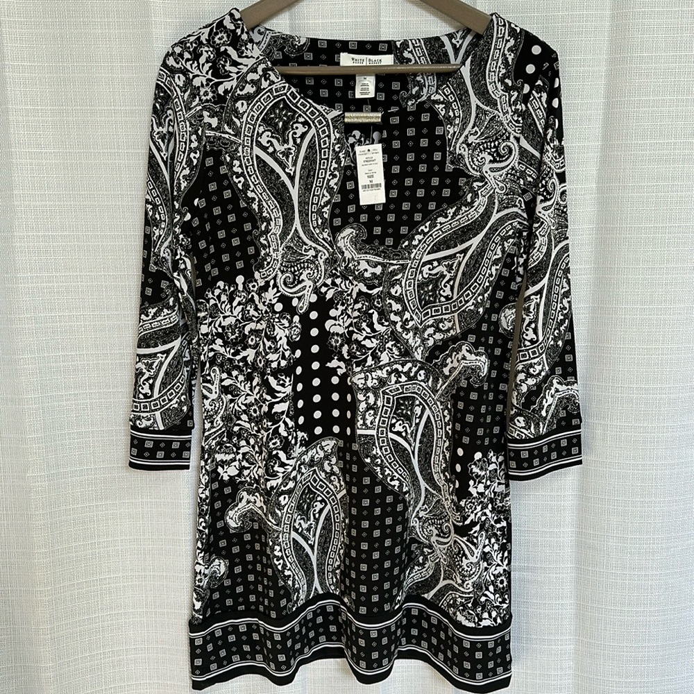 WHITE HOUSE BLACK MARKET BLACK & WHITE 3/4 SLEEVE TUNIC DRESS /BLOUSE SIZE M